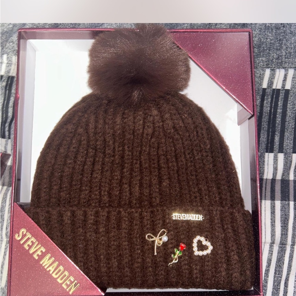 Steve Madden Chocolate Knit Beanie with Pom-Pom